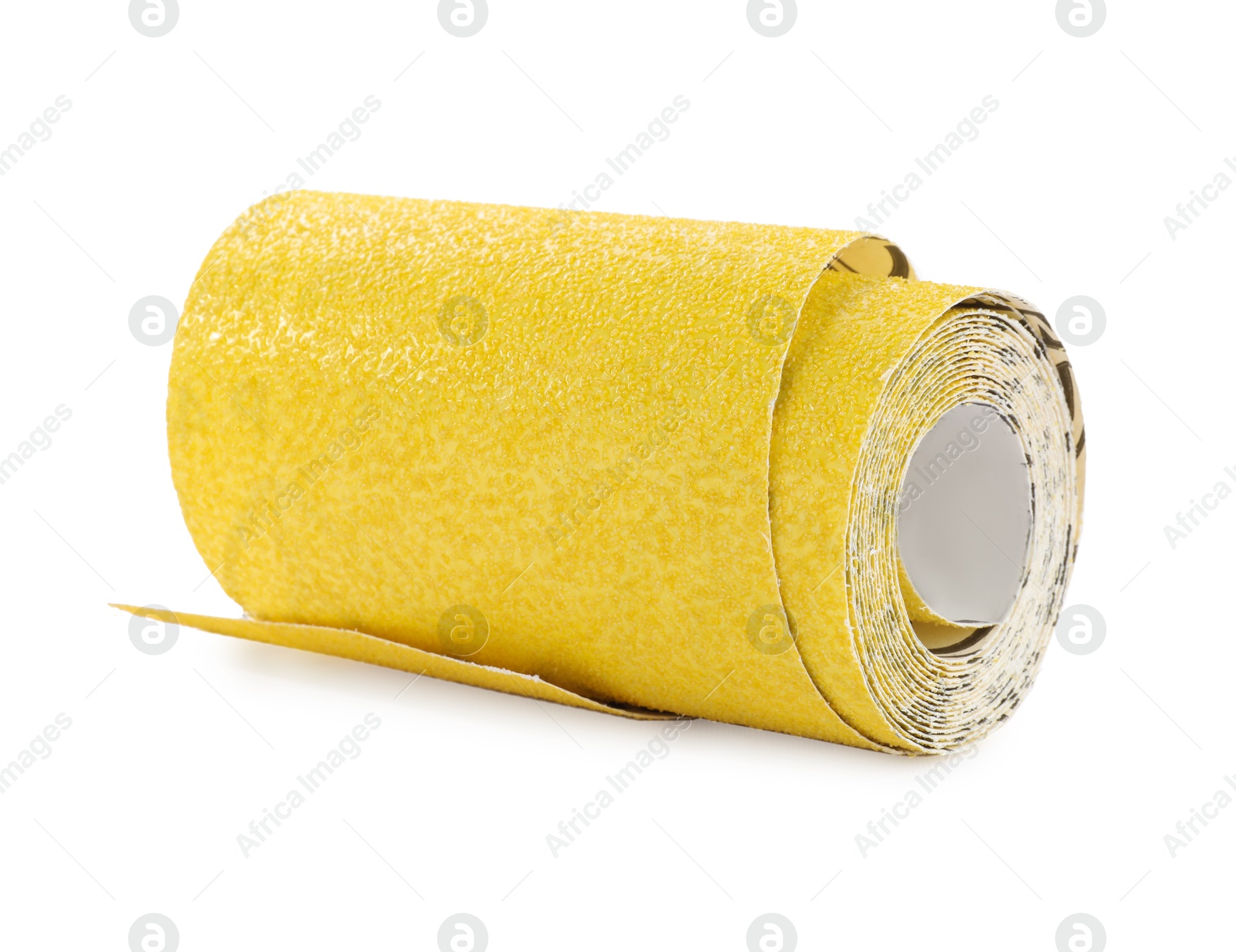 Photo of Rolled sheet of sandpaper isolated on white