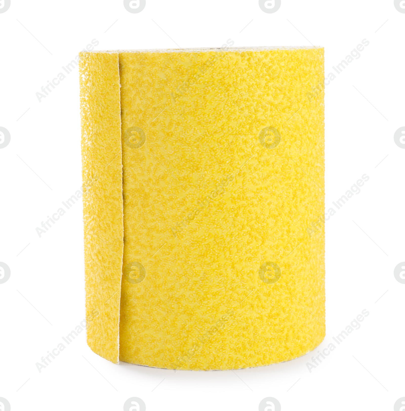 Photo of Rolled sheet of sandpaper isolated on white