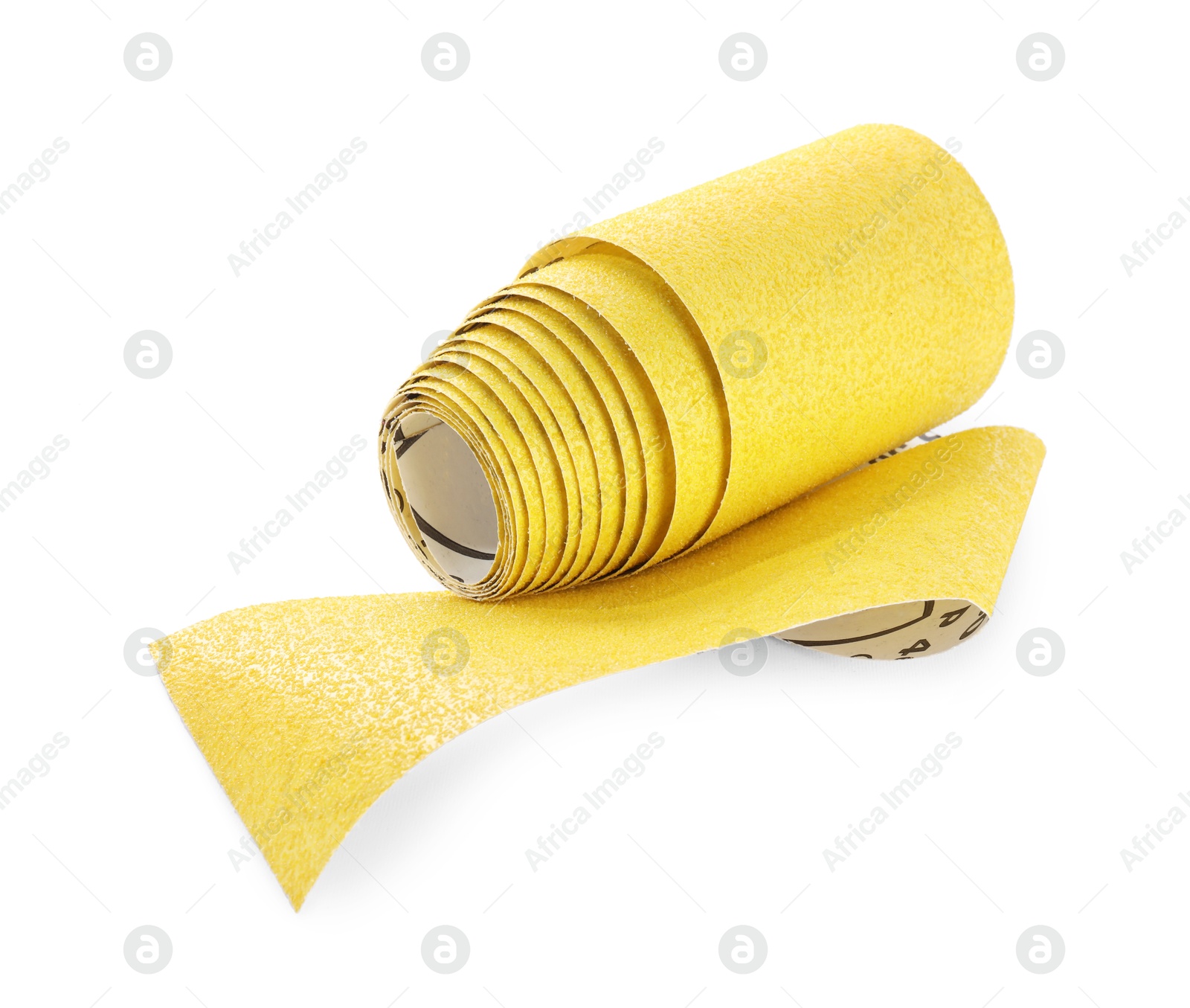 Photo of Rolled sheet of sandpaper isolated on white