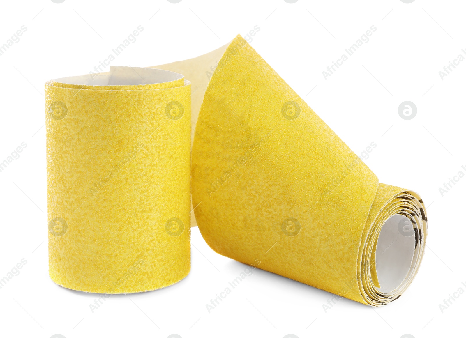 Photo of Rolled sheet of sandpaper isolated on white