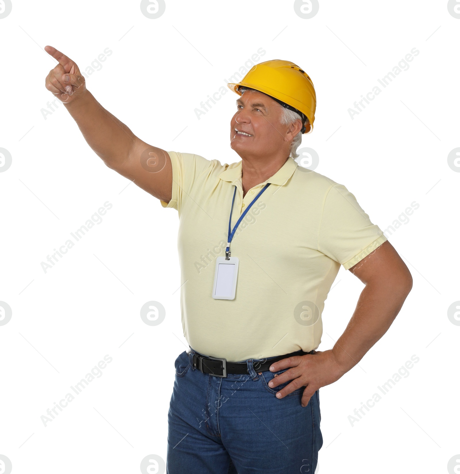 Photo of Engineer in hard hat on white background