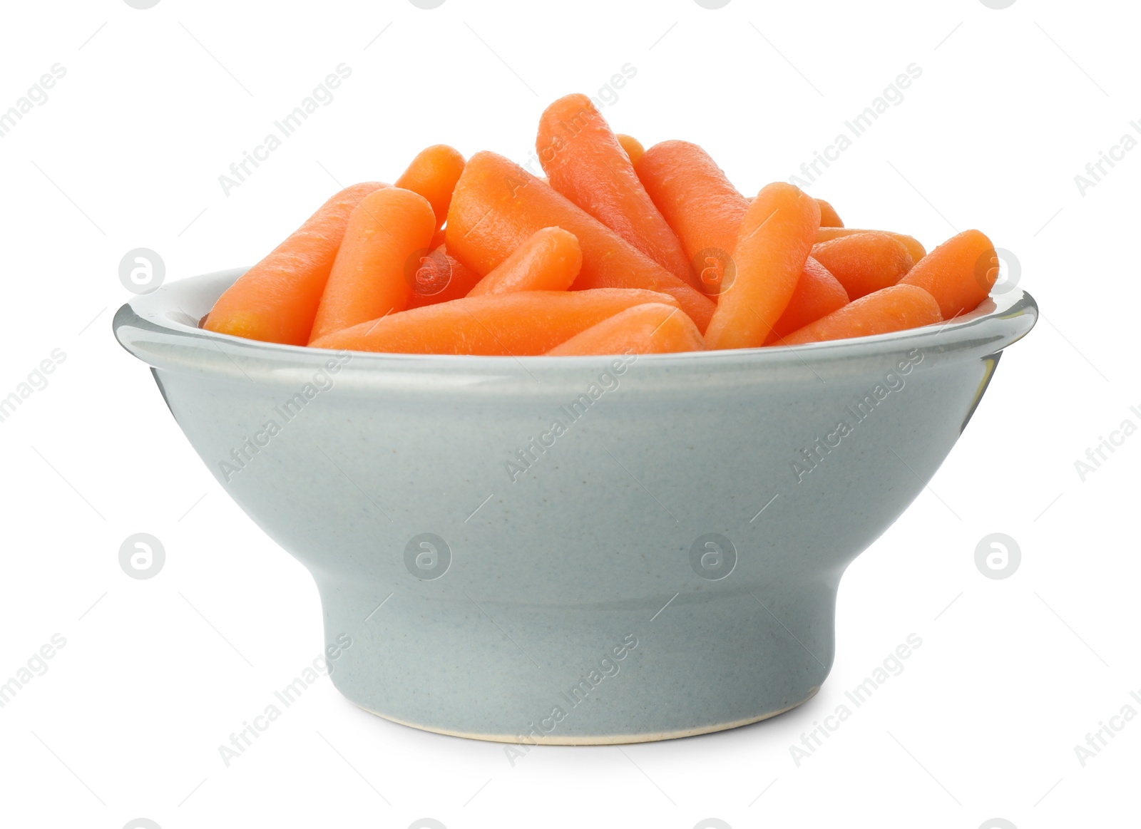 Photo of Baby carrots in bowl isolated on white