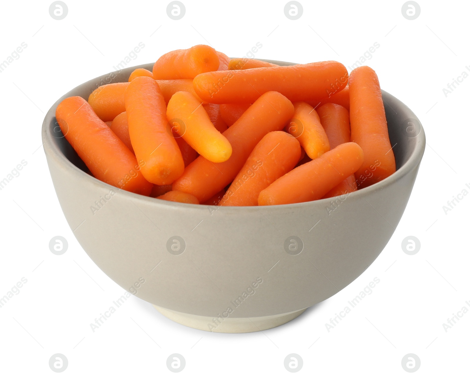 Photo of Baby carrots in bowl isolated on white