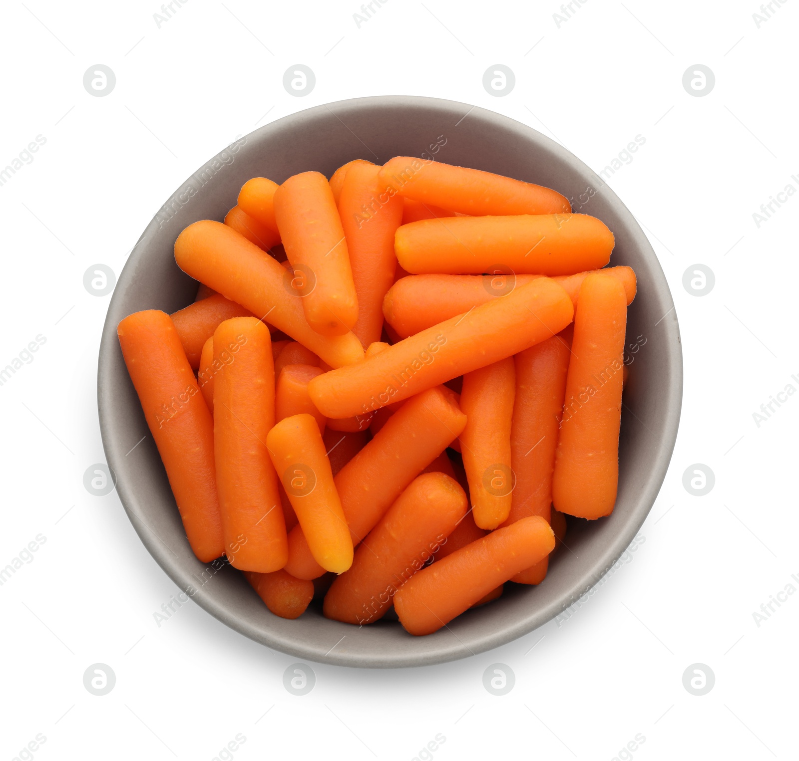 Photo of Baby carrots in bowl isolated on white, top view