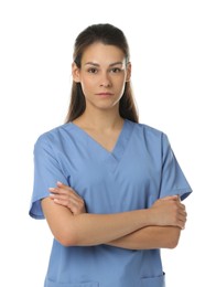 Photo of Portrait of beautiful nurse with crossed arms on white background