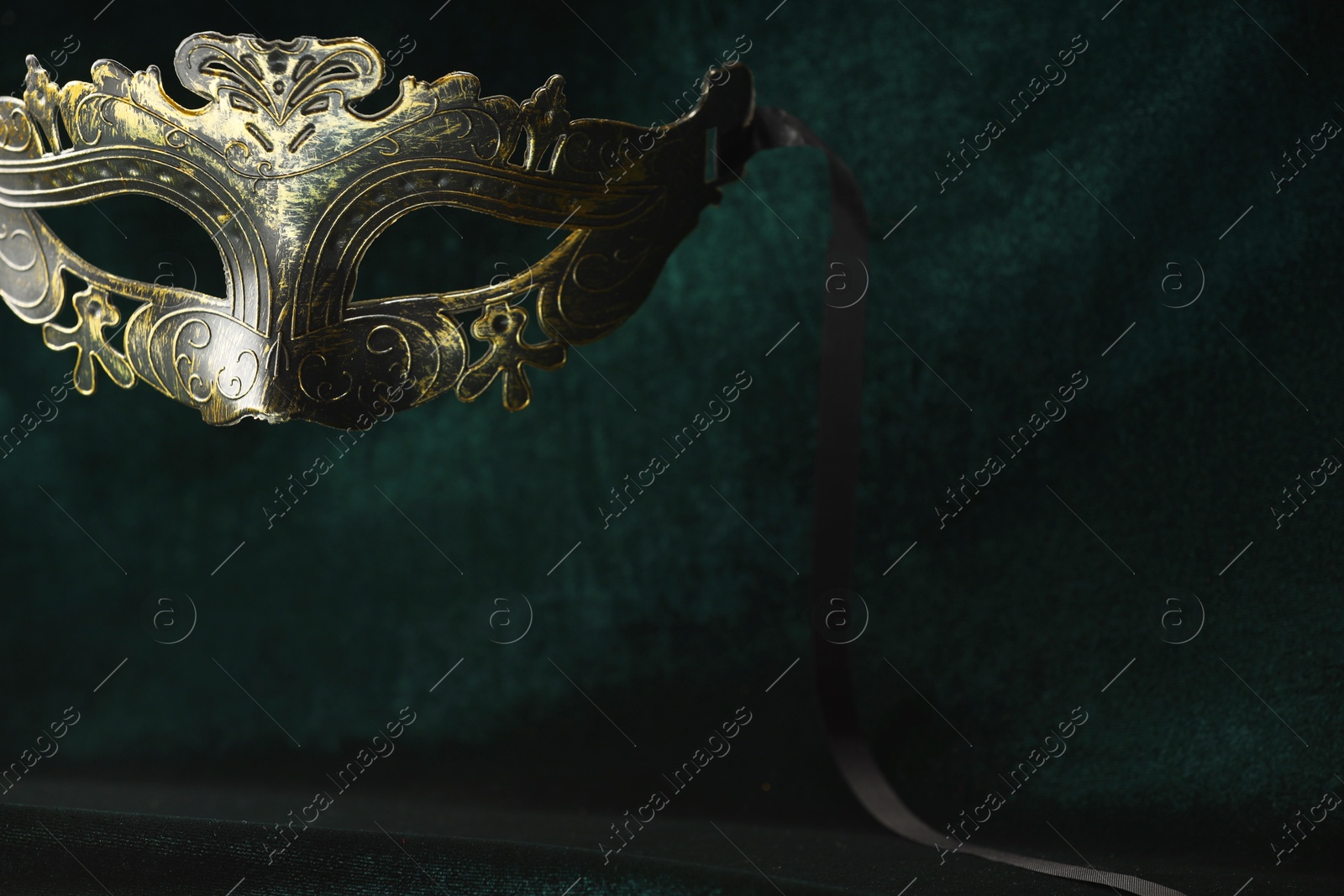 Photo of Theater arts. Venetian carnival mask against green fabric, closeup. Space for text