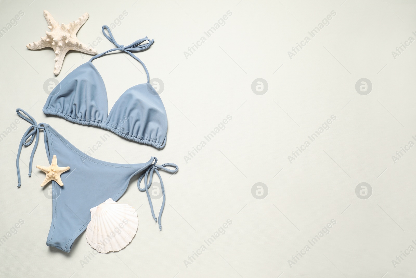 Photo of Beautiful swimsuit, starfish and seashells on light background, flat lay. Space for text