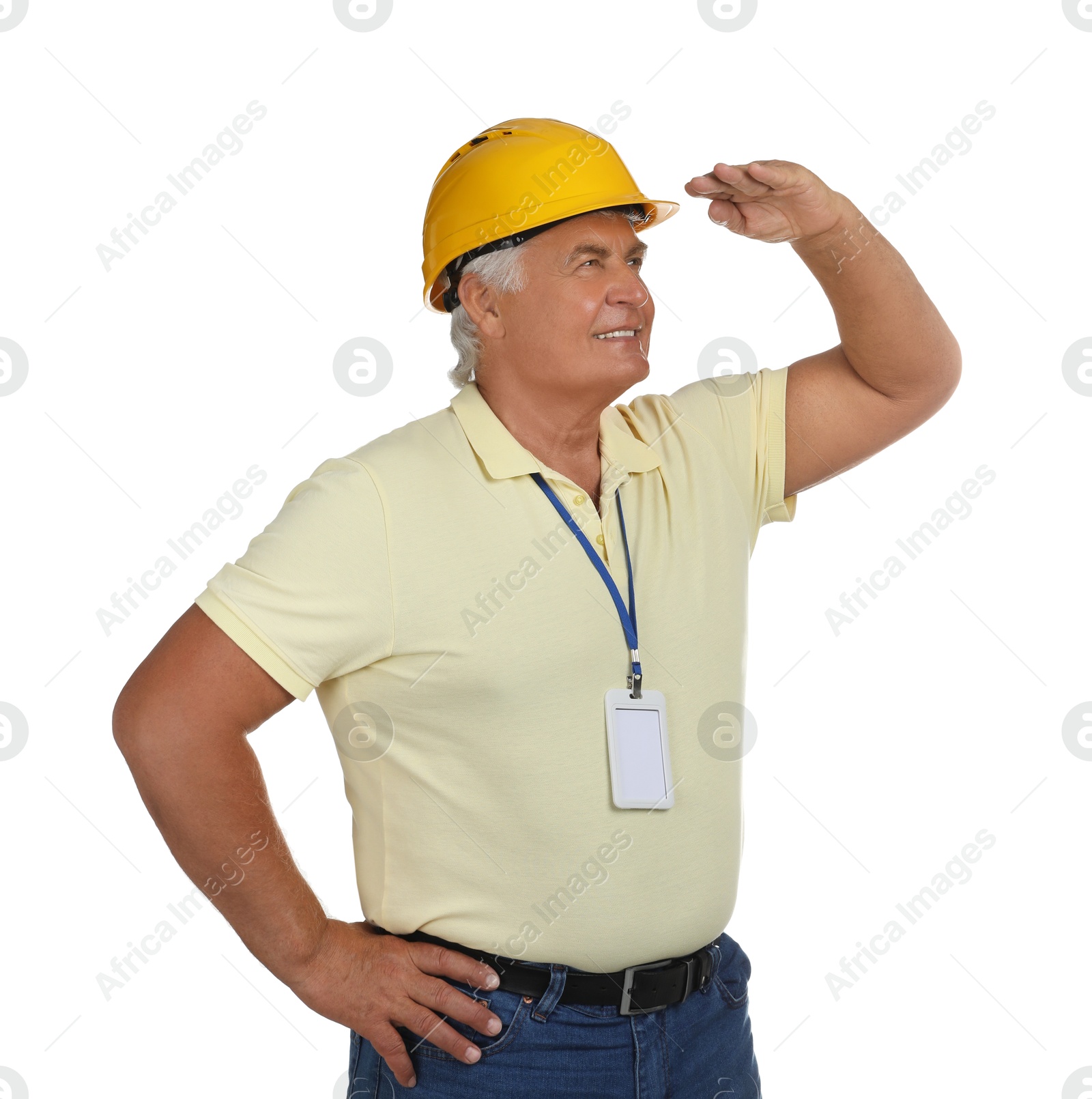 Photo of Engineer in hard hat on white background