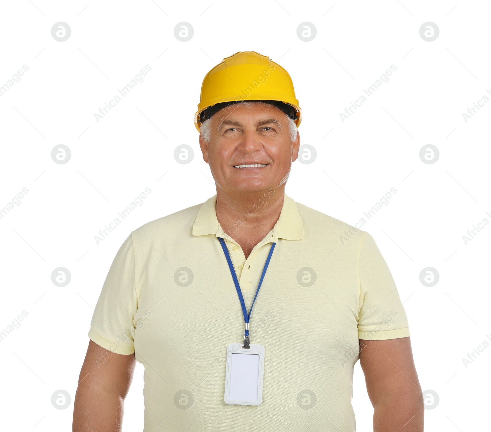 Photo of Engineer in hard hat on white background