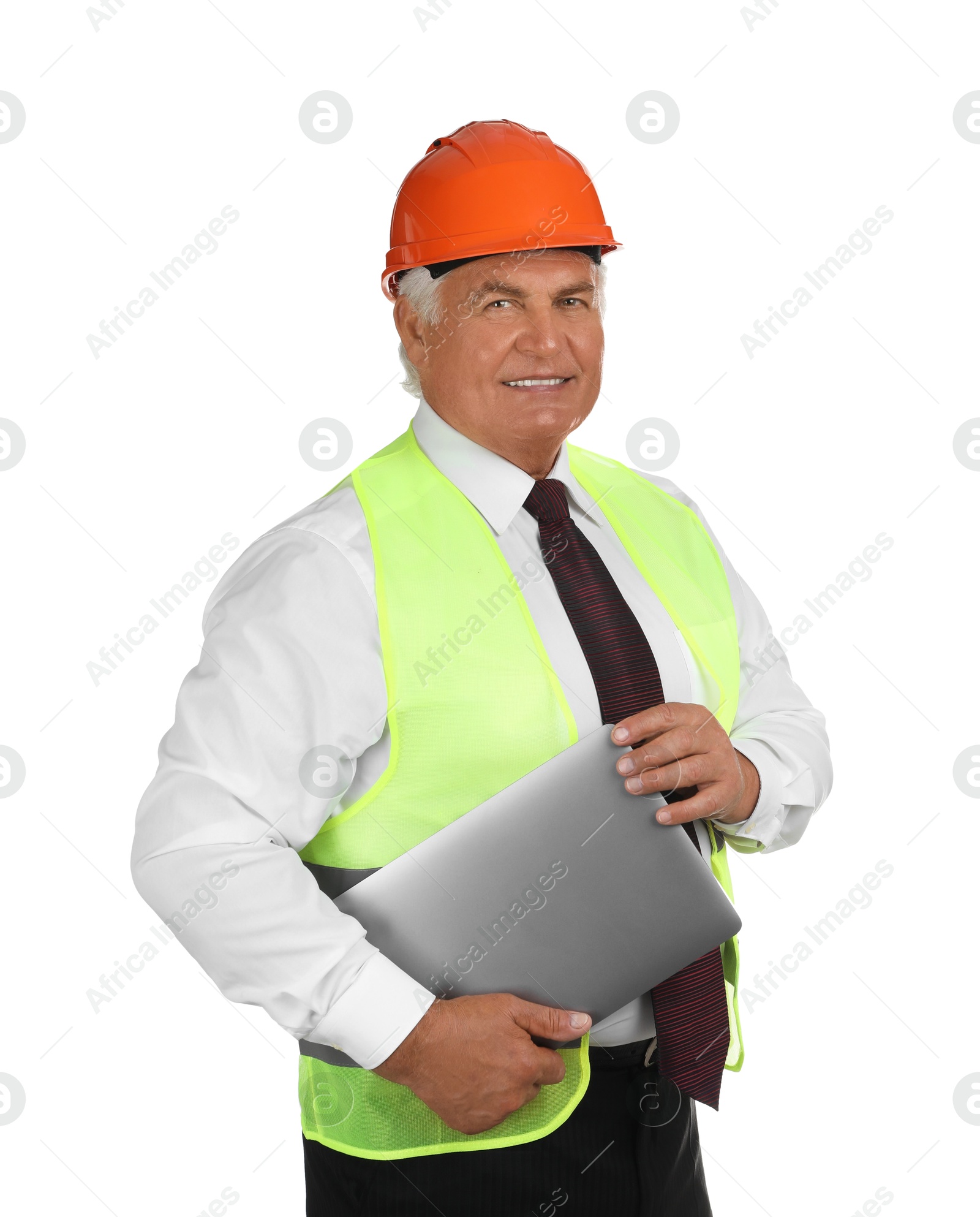 Photo of Engineer in hard hat with laptop on white background