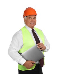 Photo of Engineer in hard hat with laptop on white background