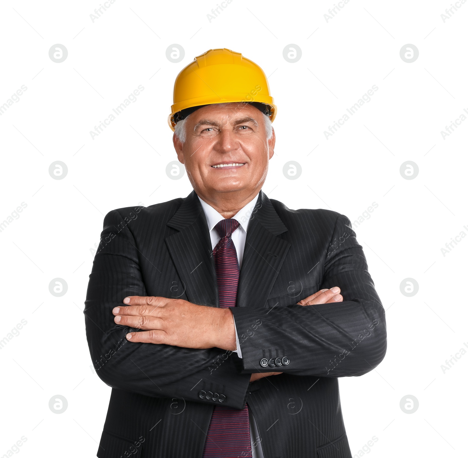 Photo of Engineer in hard hat on white background