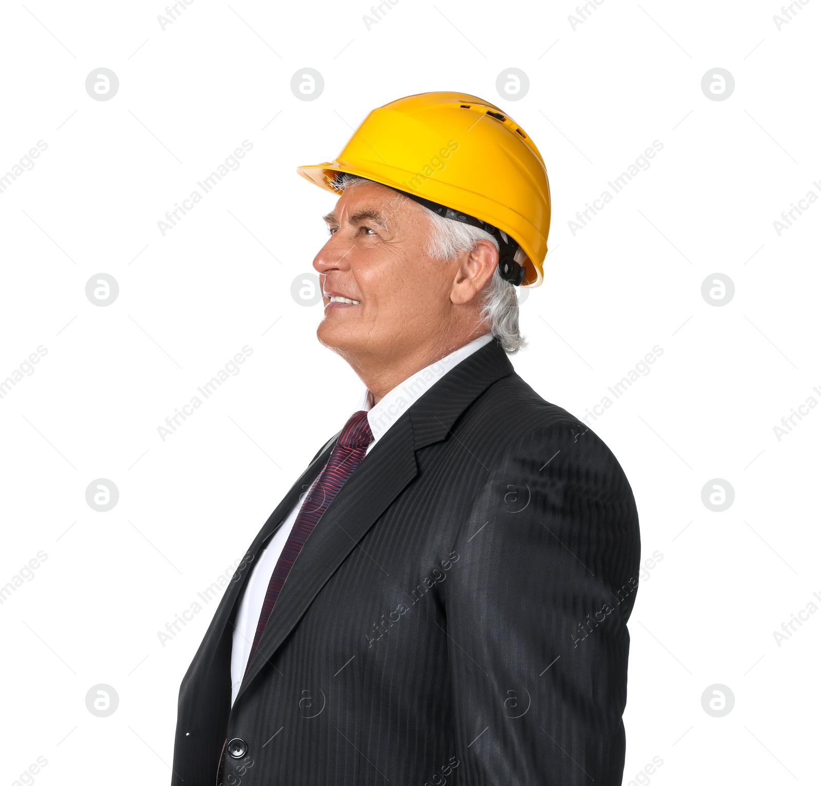 Photo of Engineer in hard hat on white background