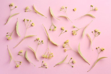 Photo of Beautiful linden blossoms and green leaves on pink background, flat lay