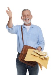 Photo of Happy postman with brown bag delivering letters on white background