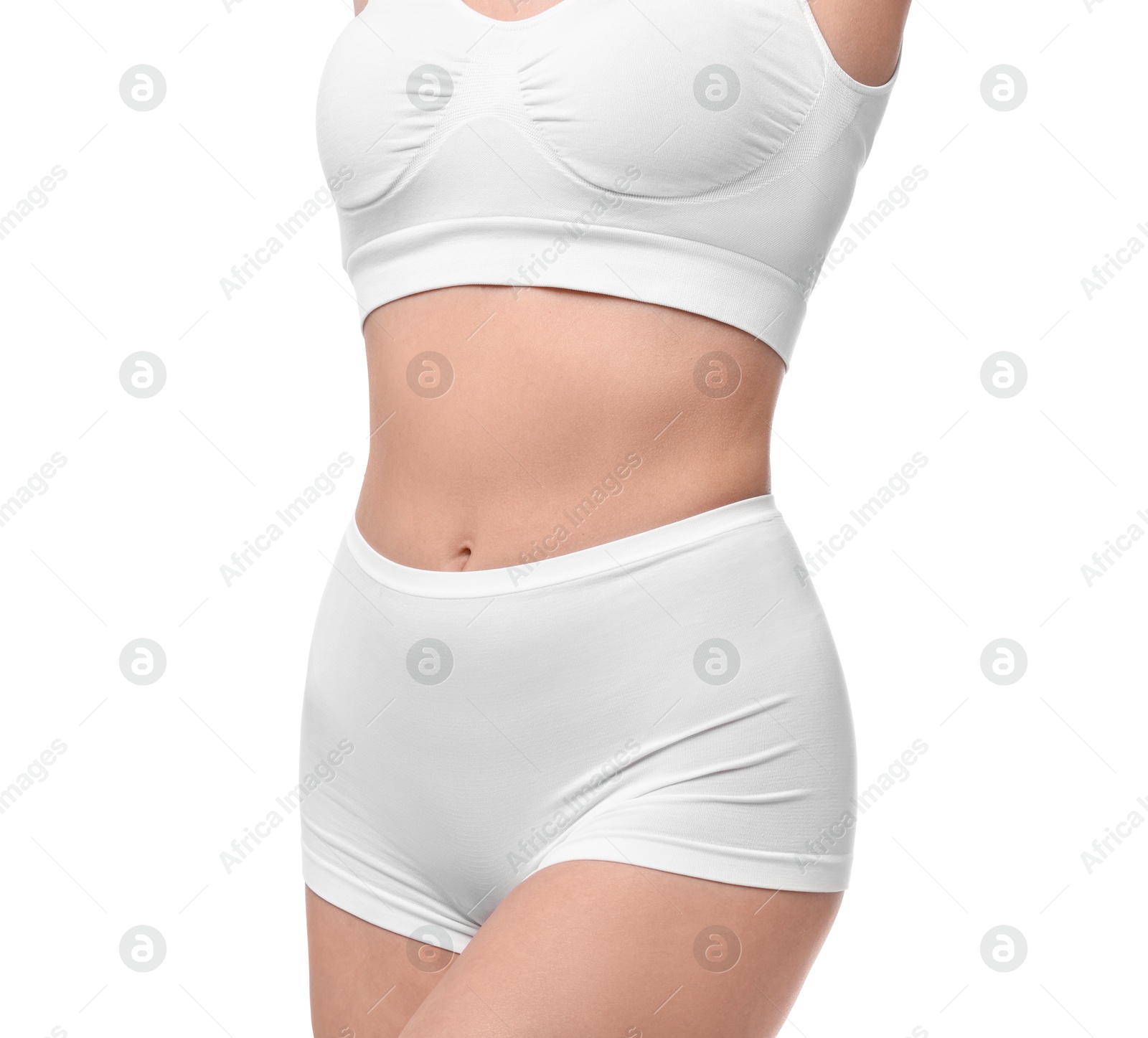 Photo of Diet and weight loss concept. Woman with slim body against white background, closeup