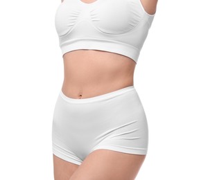 Photo of Diet and weight loss concept. Woman with slim body against white background, closeup