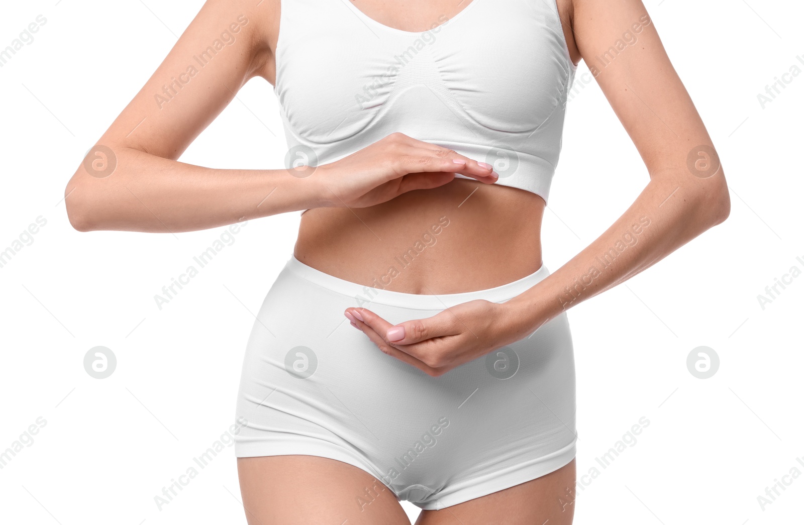 Photo of Diet and weight loss concept. Woman with slim body against white background, closeup