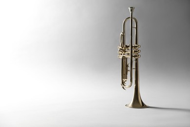 Shiny trumpet on light grey background, space for text. Wind musical instrument