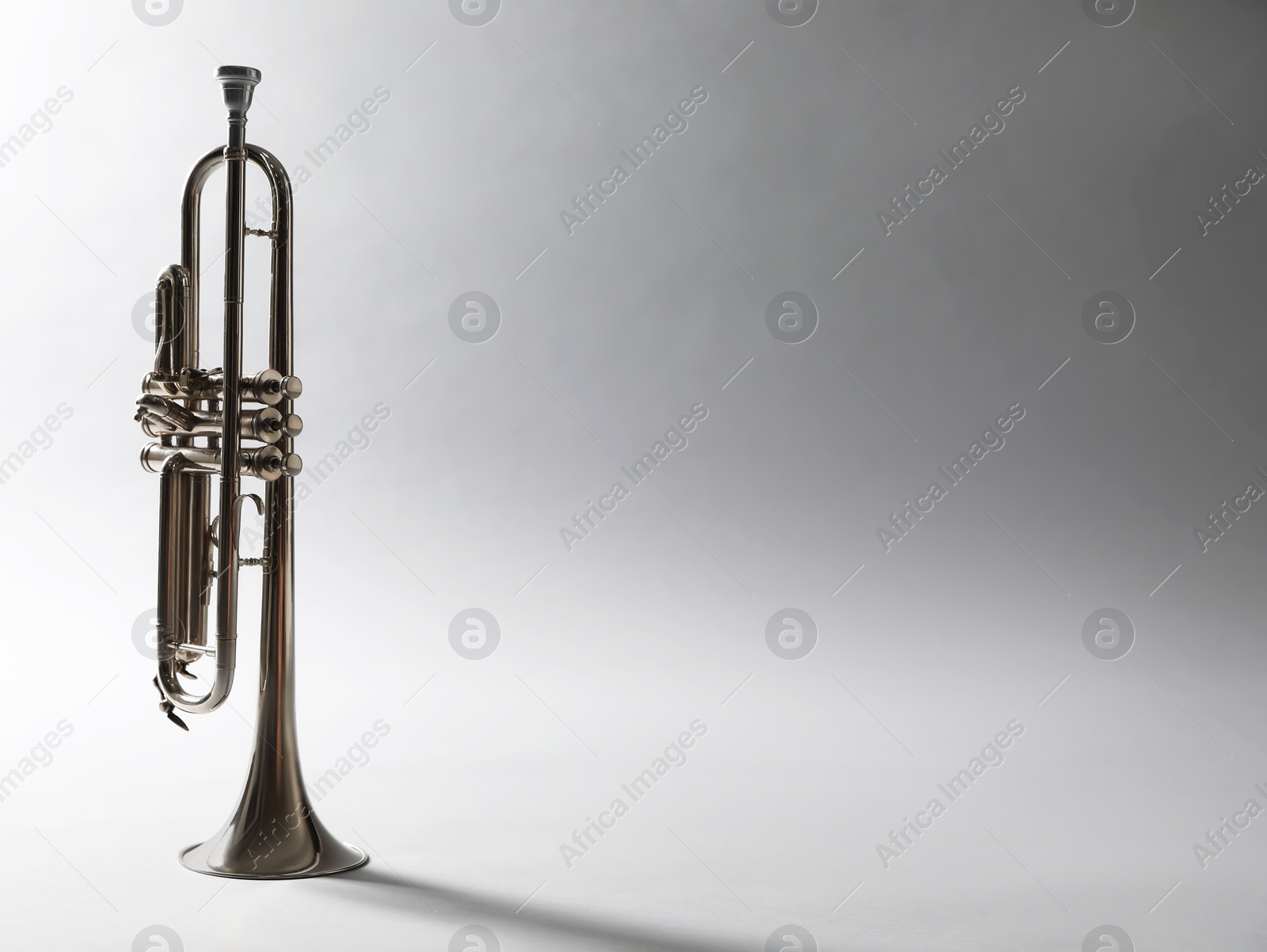 Photo of Shiny trumpet on light grey background, space for text. Wind musical instrument