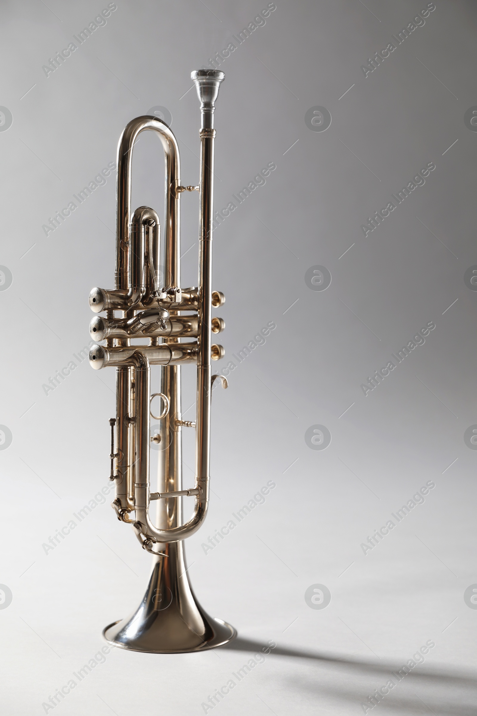 Photo of Shiny trumpet on light grey background. Wind musical instrument