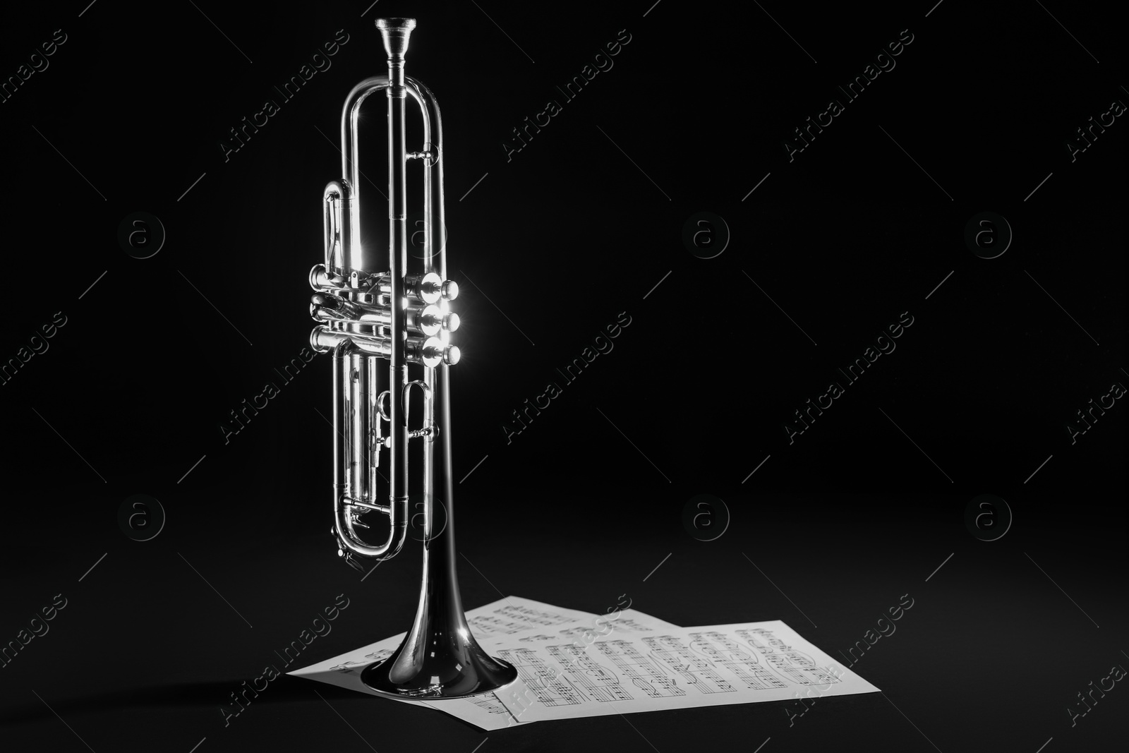 Photo of Shiny trumpet and music sheets on dark background, space for text. Wind musical instrument