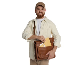 Photo of Happy young postman with brown bag delivering letters on white background