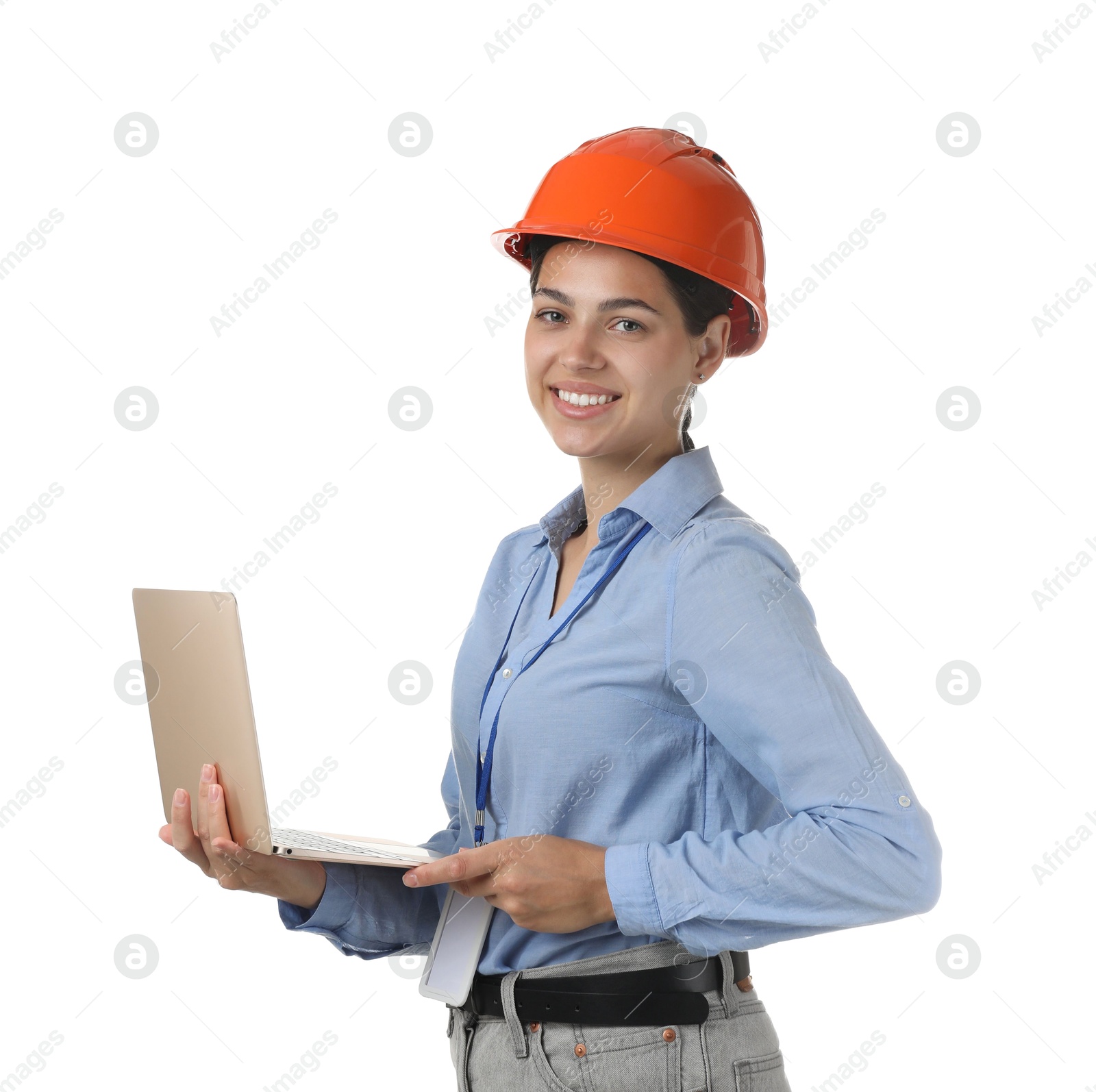 Photo of Engineer in hard hat with laptop on white background