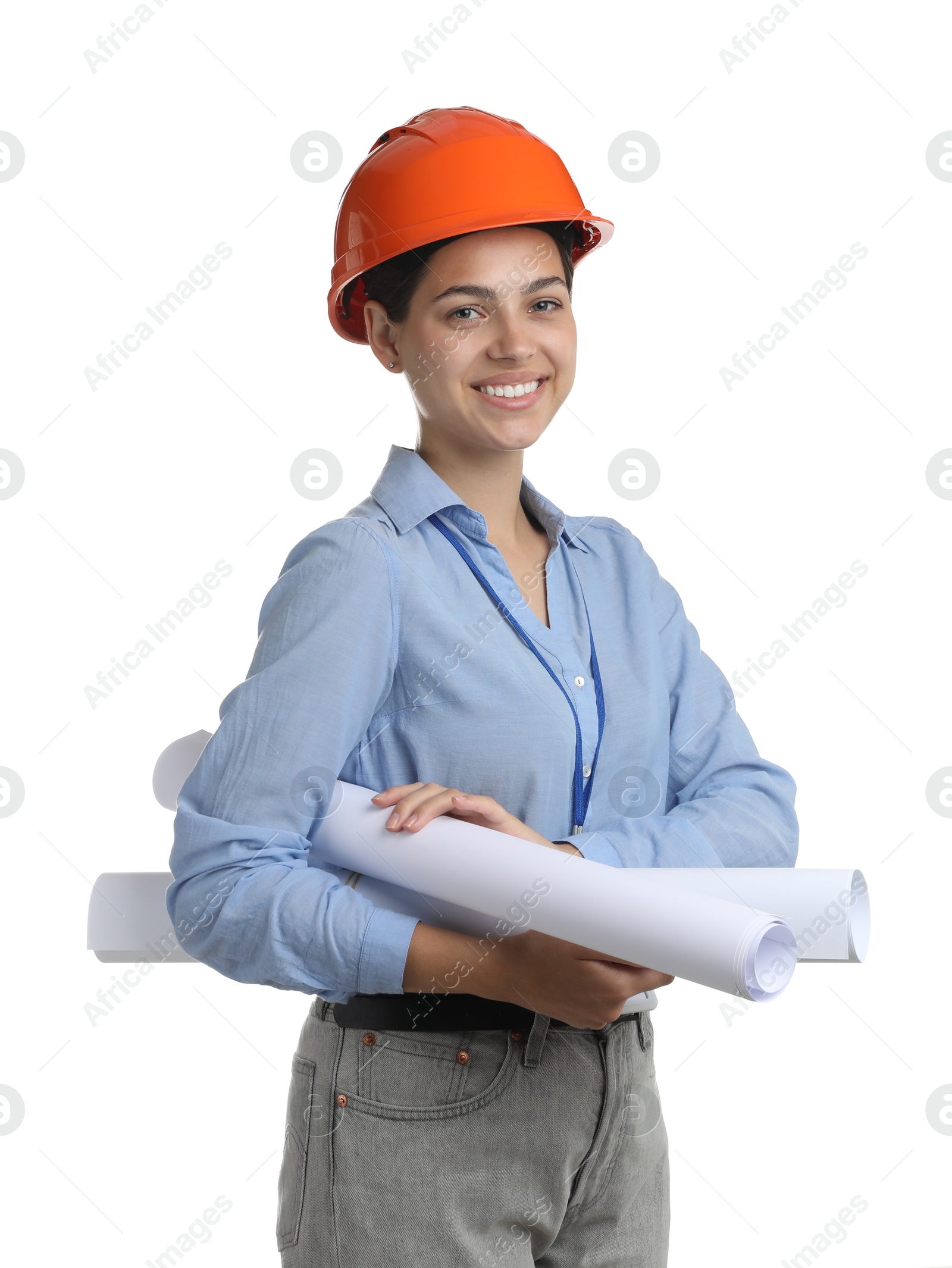 Photo of Engineer in hard hat with drafts on white background