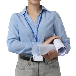 Photo of Engineer with drafts on white background, closeup