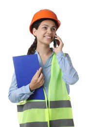 Photo of Engineer in hard hat with clipboard talking on smartphone against white background