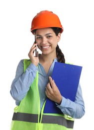 Photo of Engineer in hard hat with clipboard talking on smartphone against white background