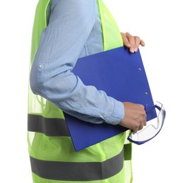 Engineer with clipboard and goggles on white background, closeup