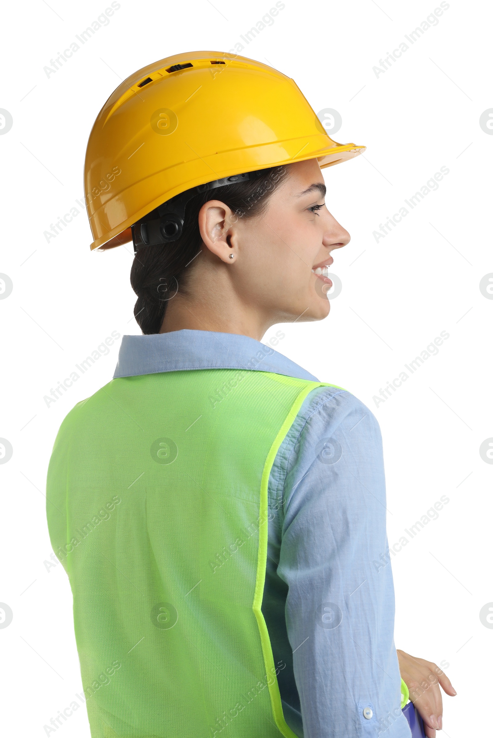 Photo of Engineer in hard hat on white background