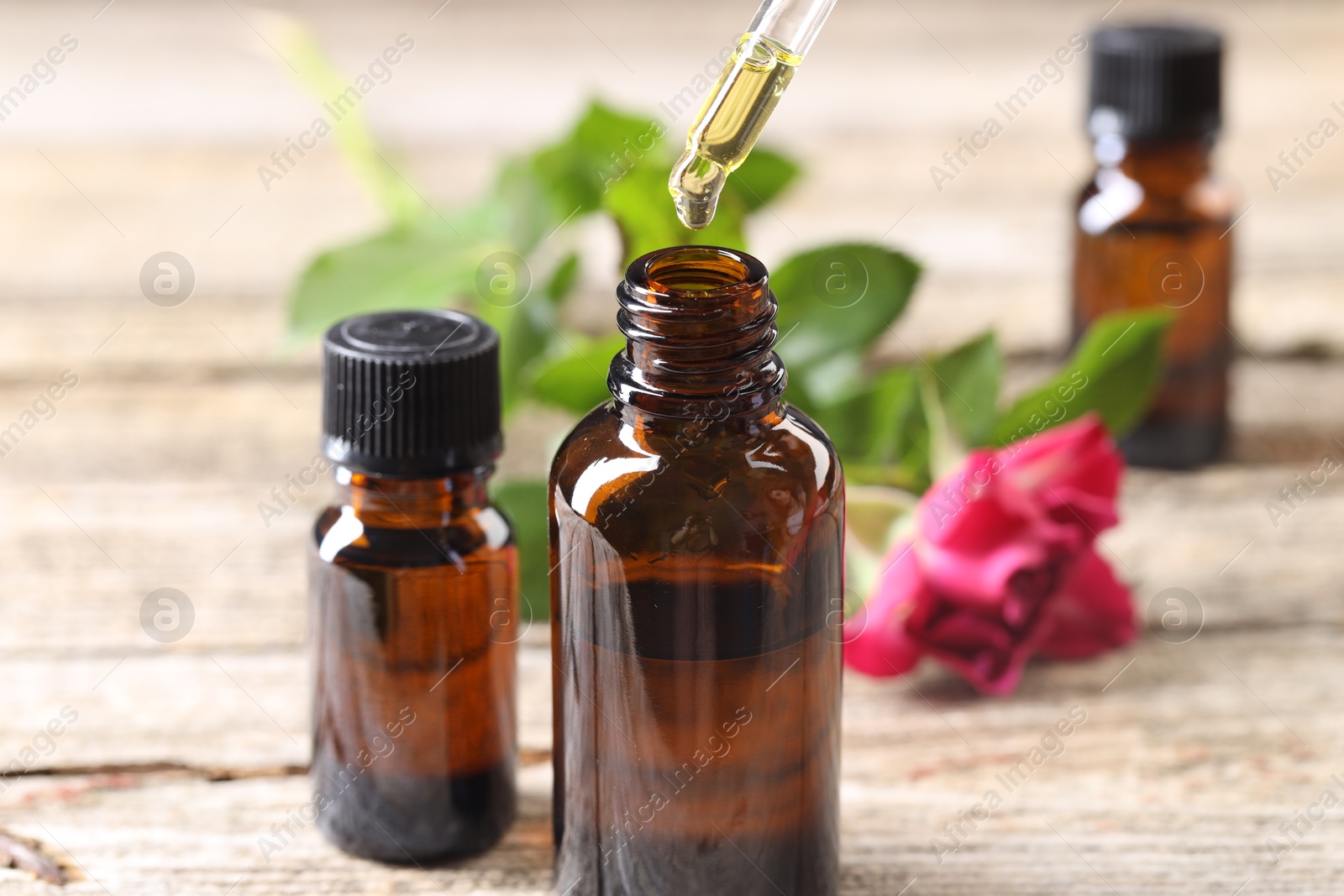 Photo of Essential oil dripping from pipette into bottle at table, closeup