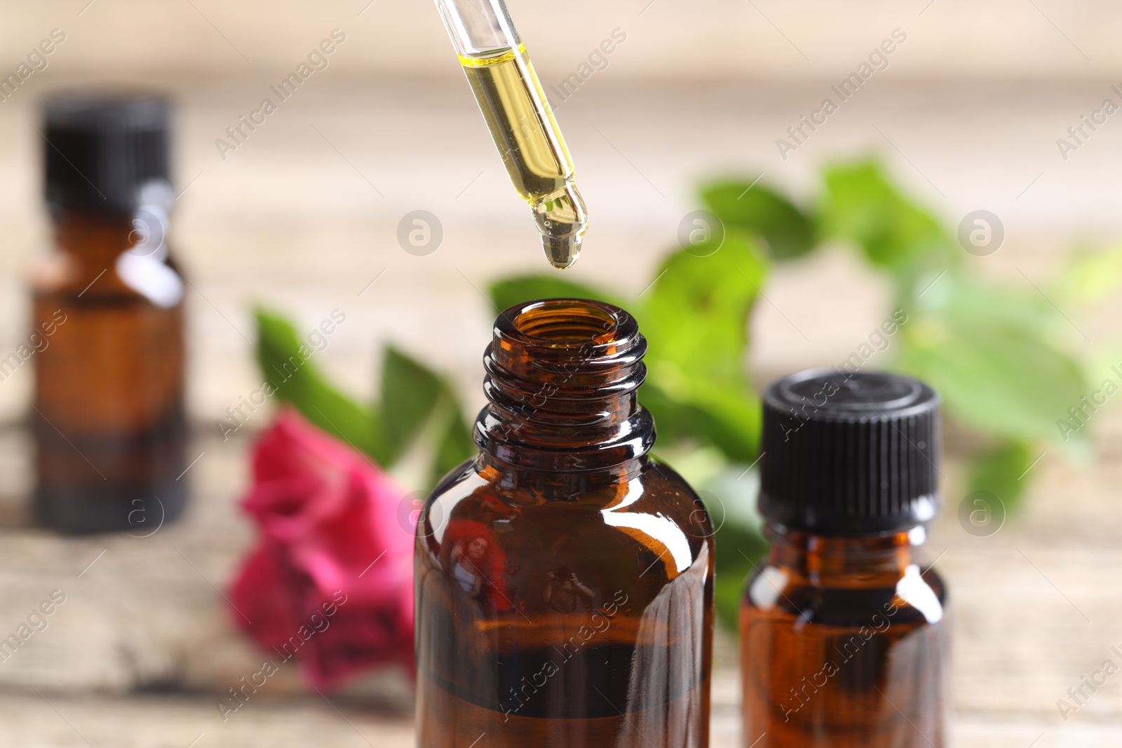 Photo of Essential oil dripping from pipette into bottle at table, closeup