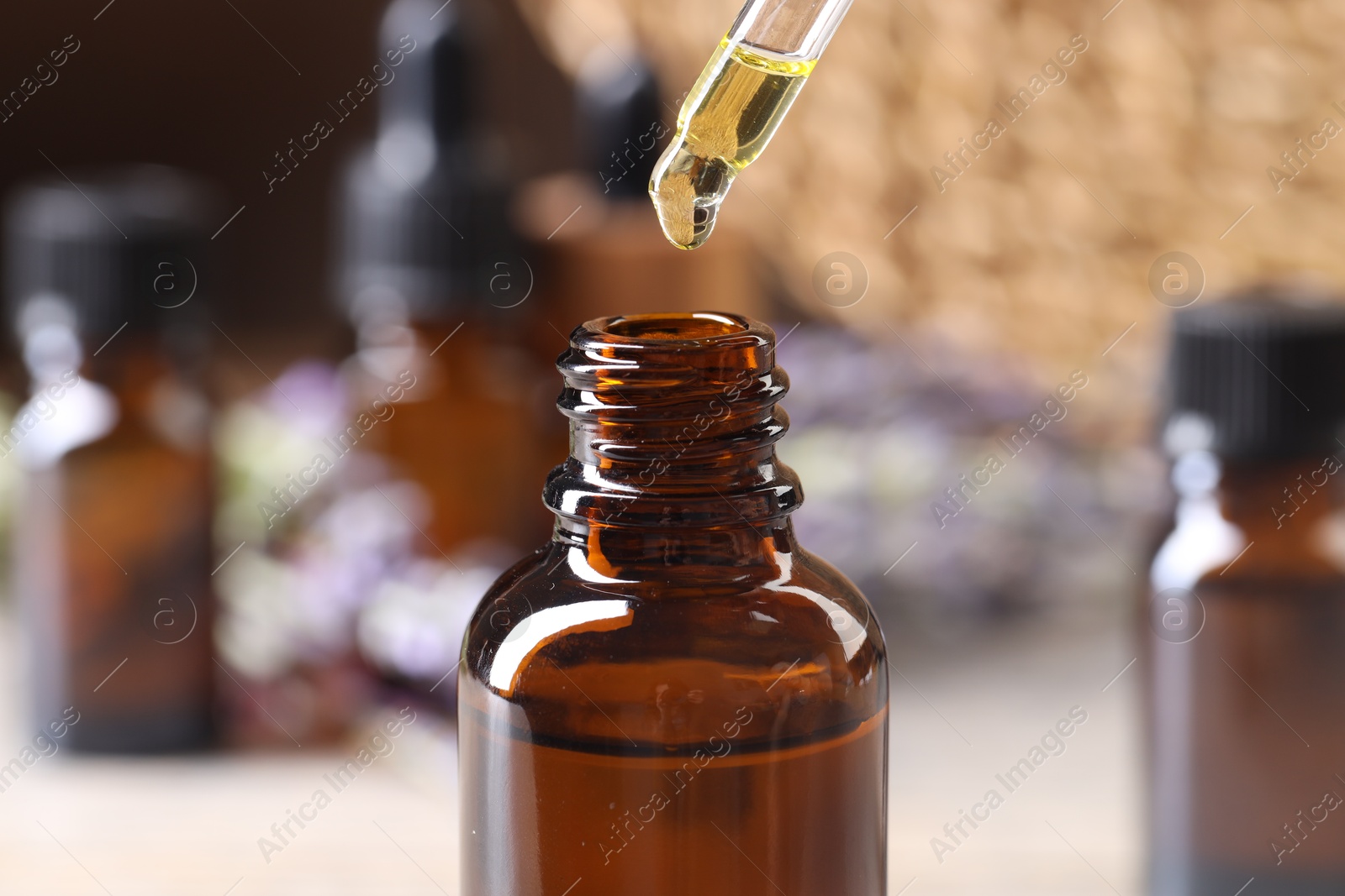 Photo of Essential oil dripping from pipette into bottle against blurred background, closeup