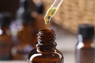 Photo of Essential oil dripping from pipette into bottle against blurred background, closeup