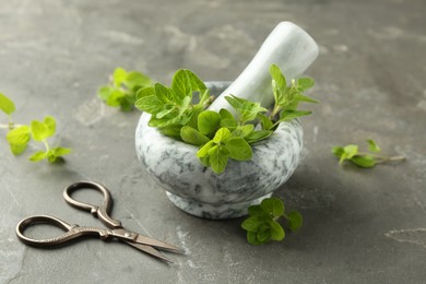 Photo of Mortar with sprigs of fresh green oregano and scissors on gray textured table, closeup