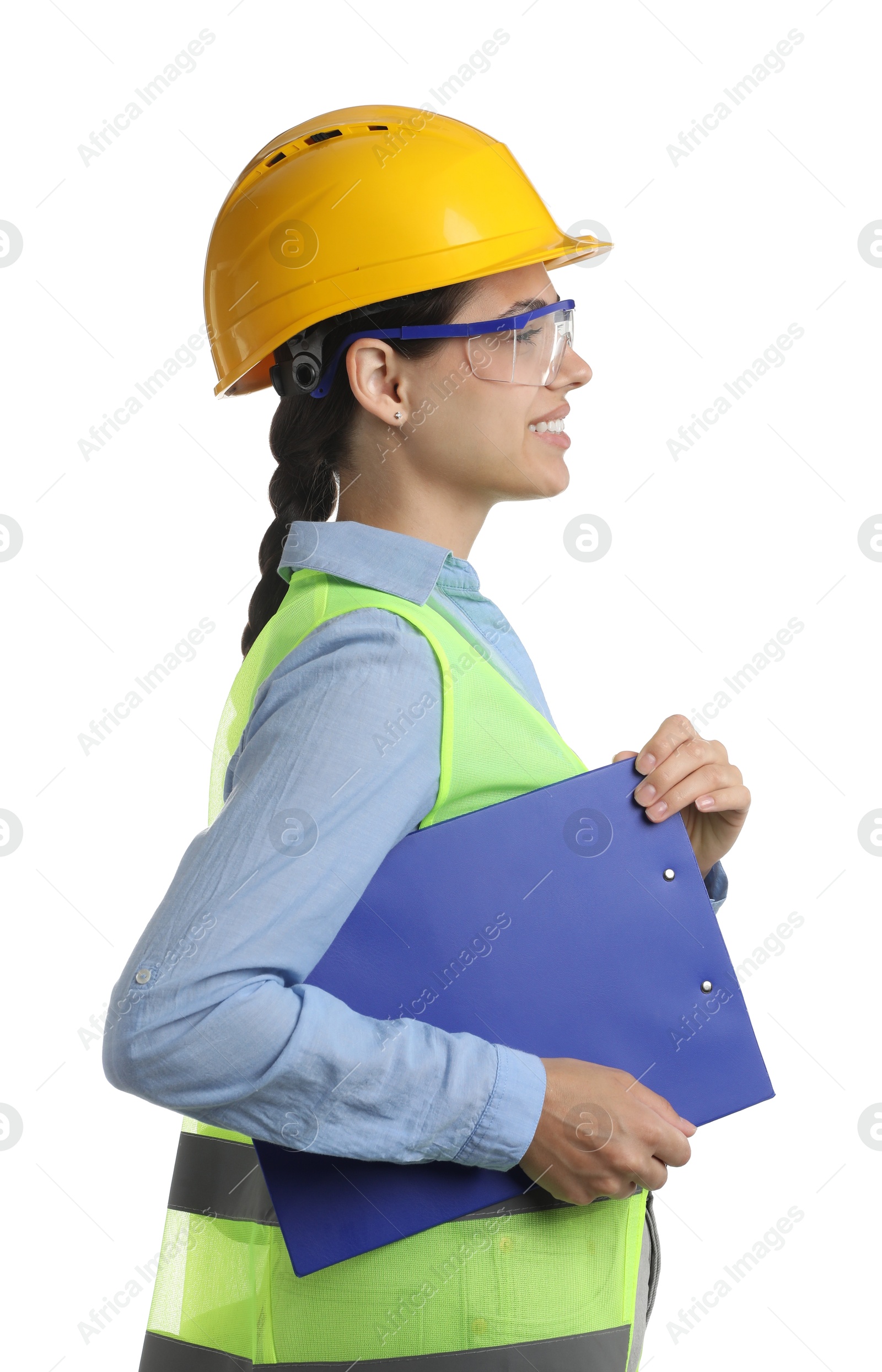 Photo of Engineer in hard hat with clipboard on white background