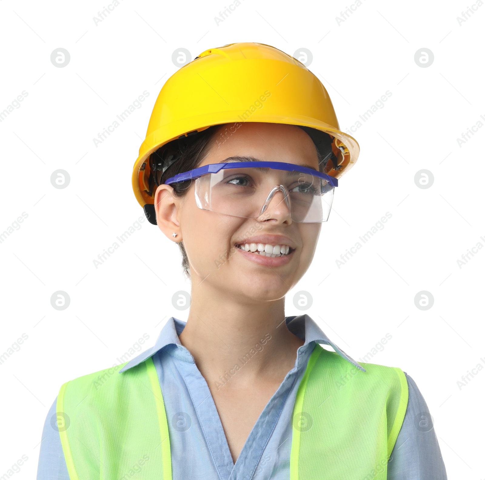 Photo of Engineer in hard hat and goggles on white background