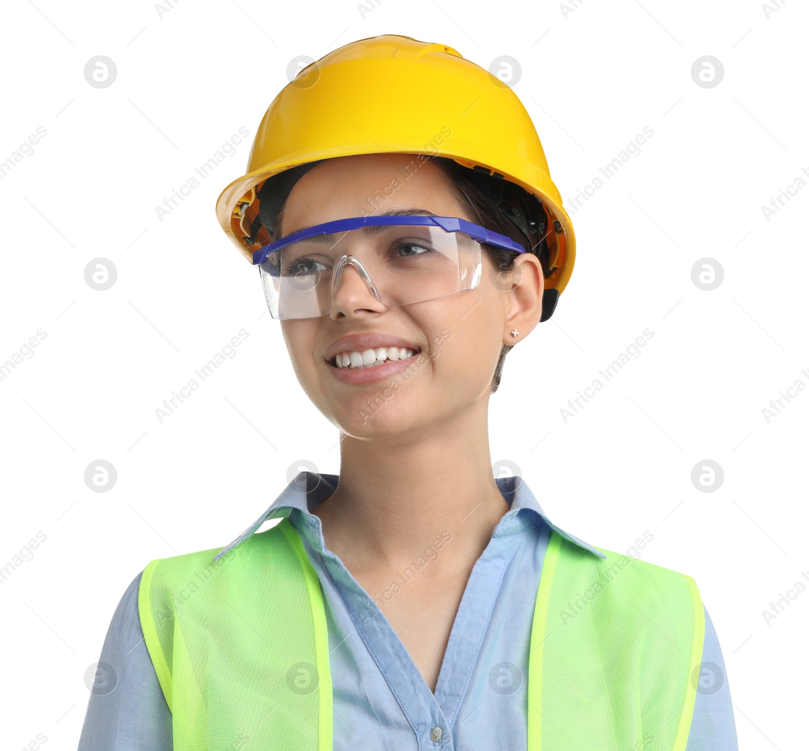 Photo of Engineer in hard hat and goggles on white background