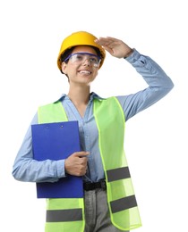 Photo of Engineer in hard hat with clipboard on white background