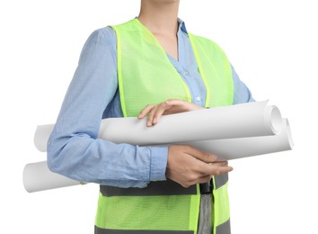 Photo of Engineer with drafts on white background, closeup