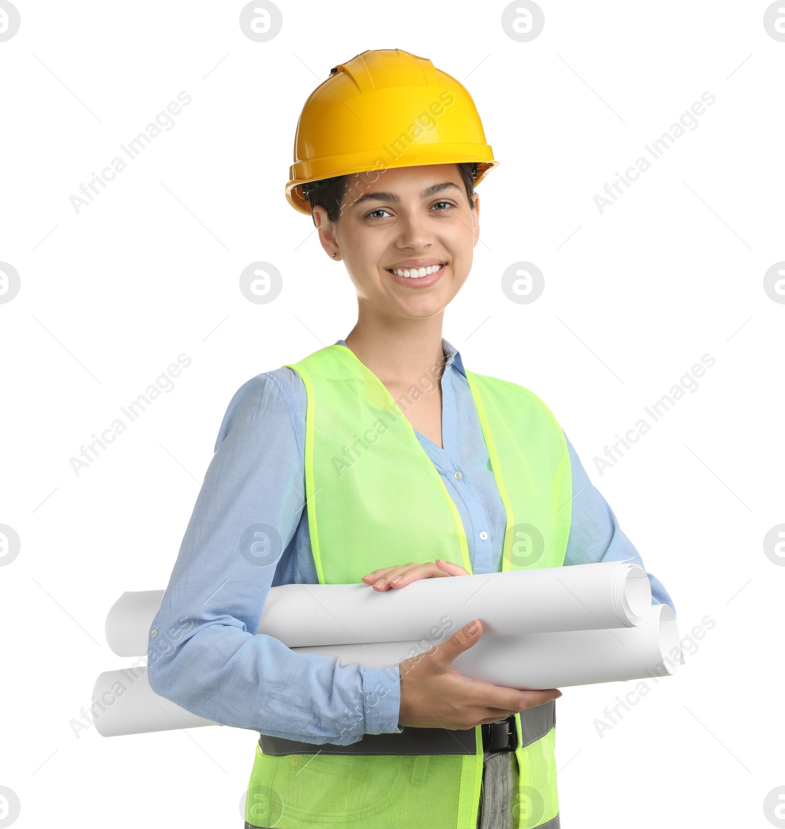 Photo of Engineer in hard hat with drafts on white background