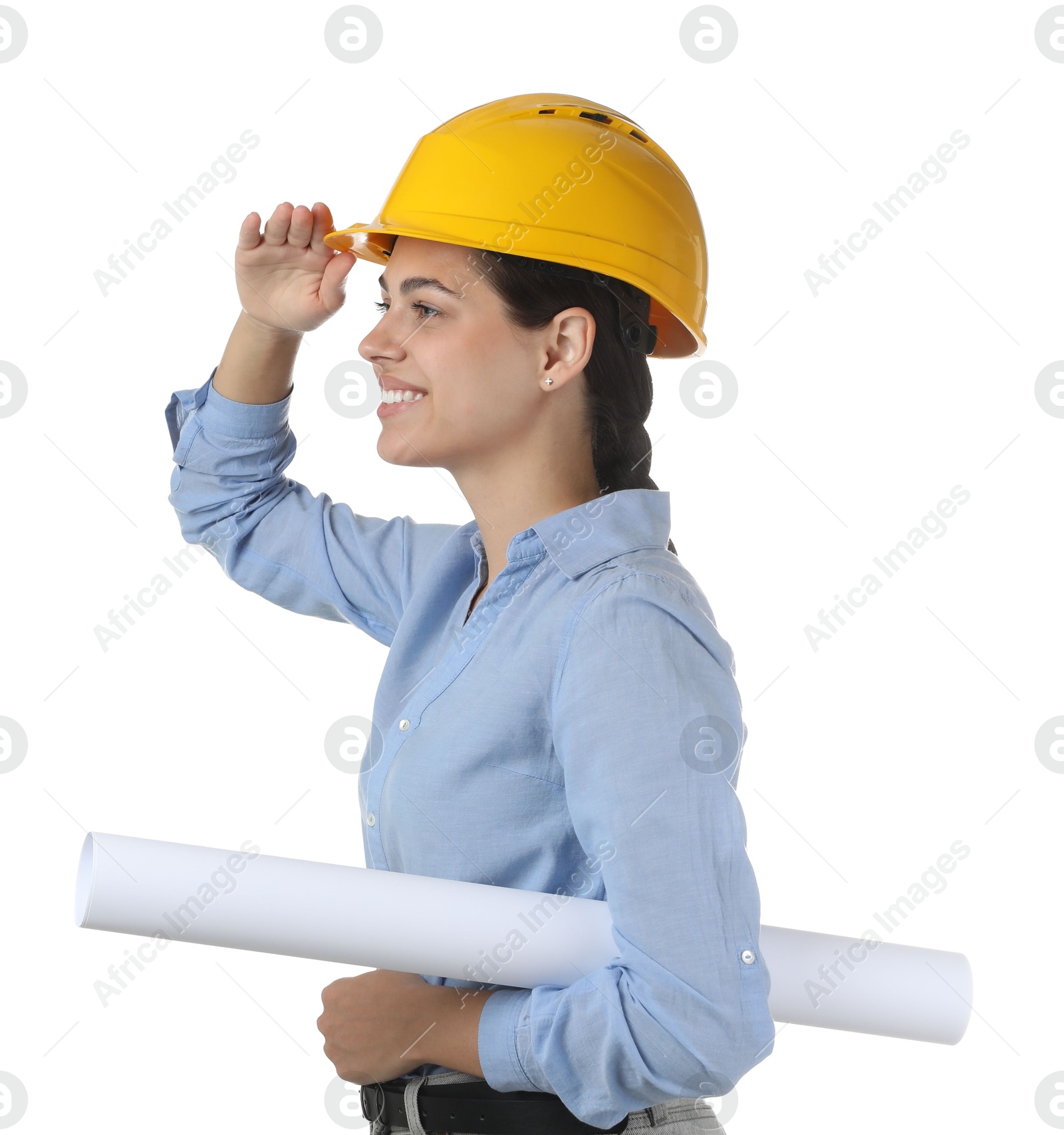 Photo of Engineer in hard hat with draft on white background