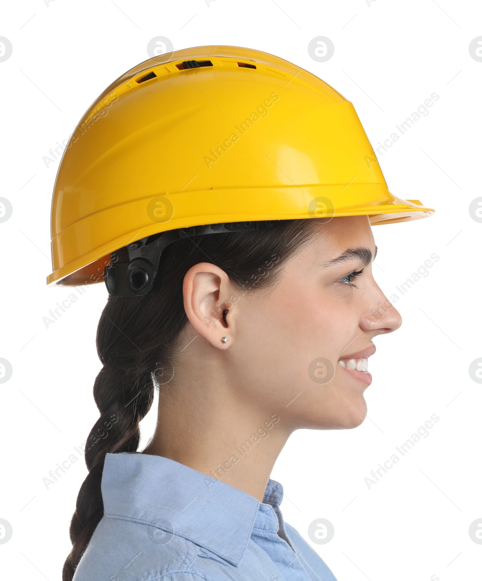 Photo of Engineer in hard hat on white background