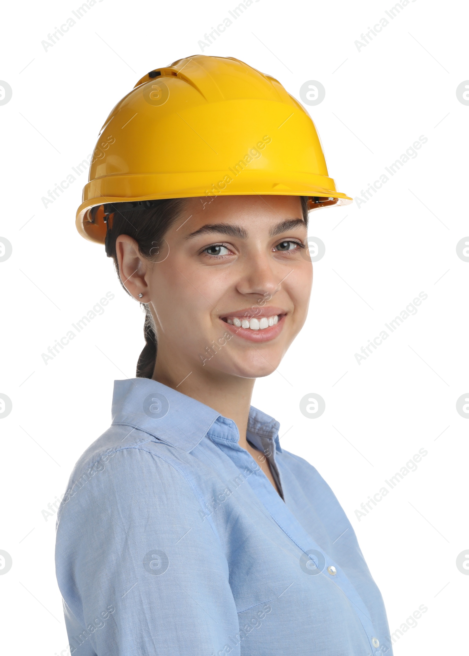 Photo of Engineer in hard hat on white background