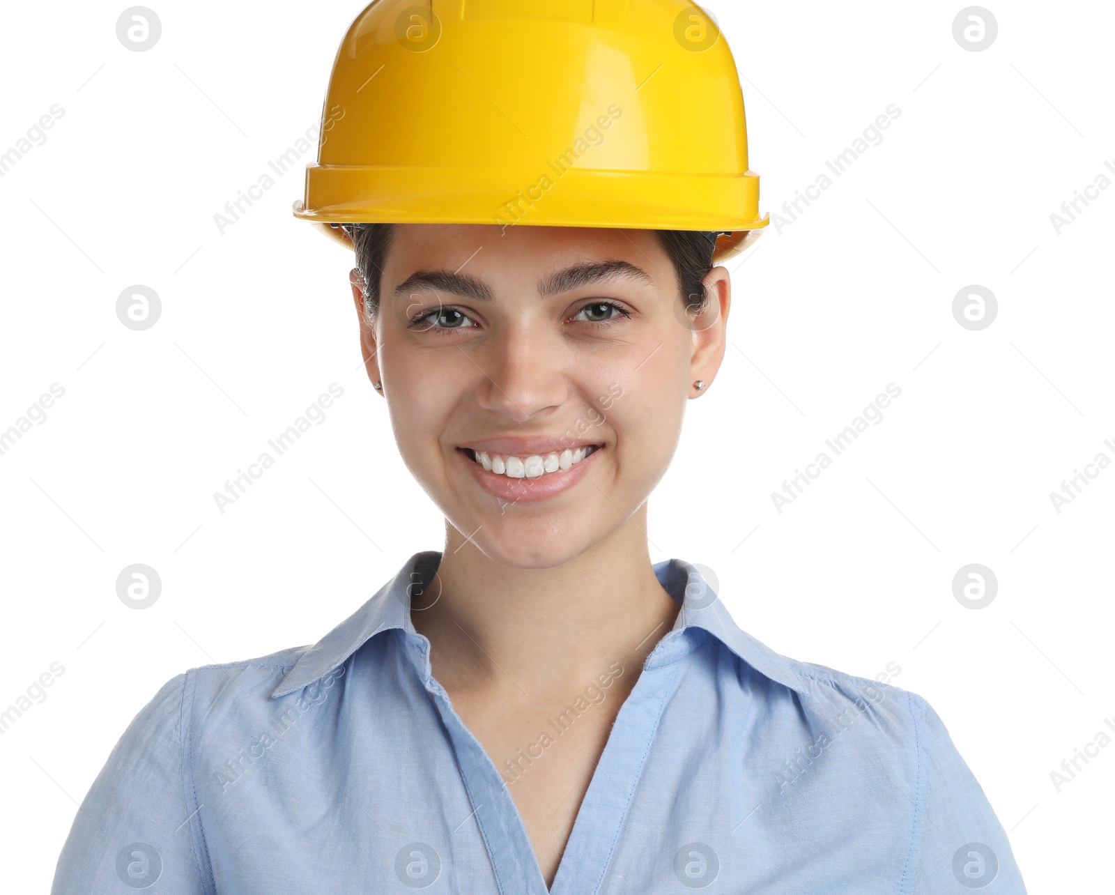 Photo of Engineer in hard hat on white background