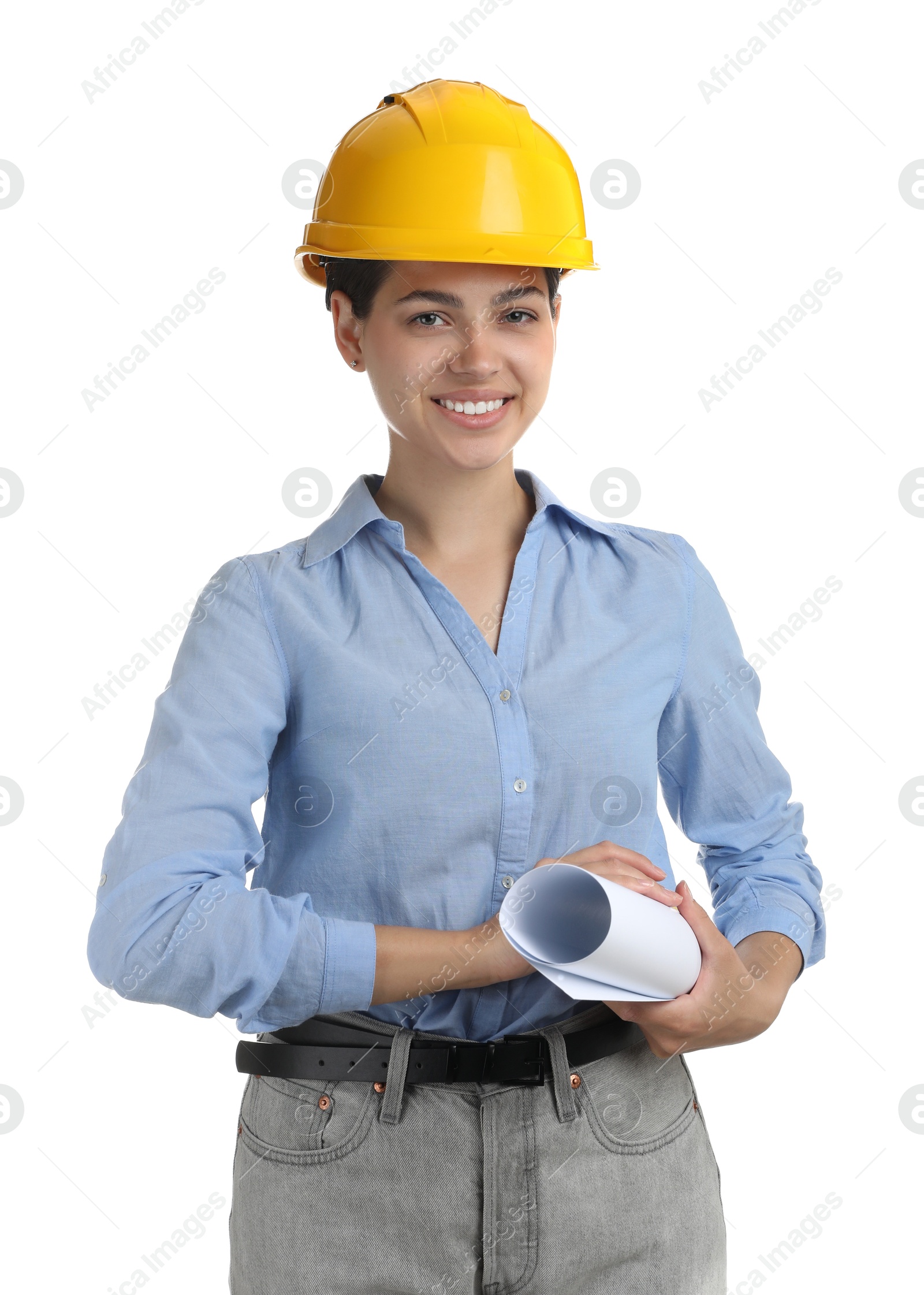 Photo of Engineer in hard hat with draft on white background